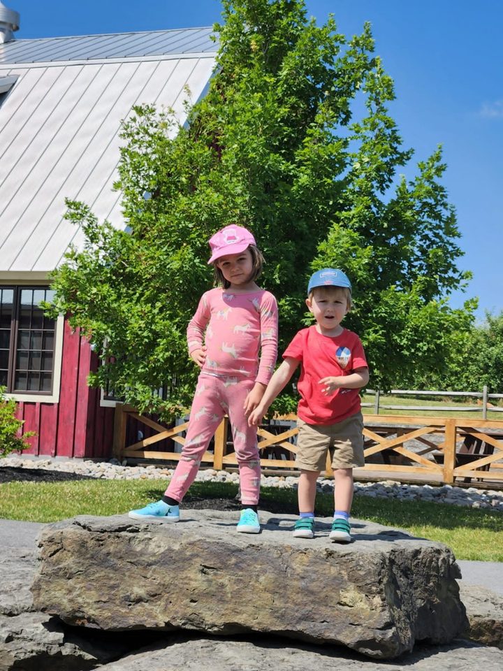 Two young children posing on a big rock in front of a red barn